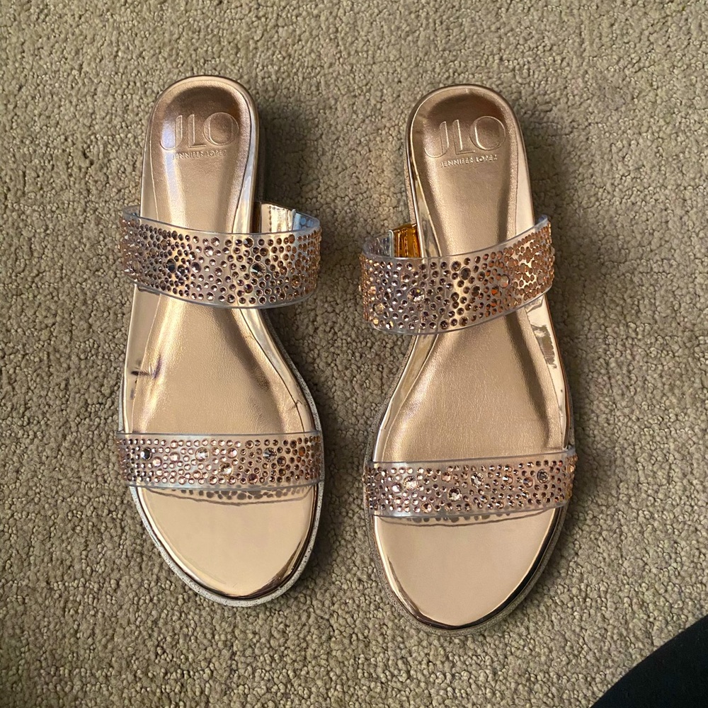 Sparkly Rose gold sandals - by JLO.  Flat and comfortable - they add pizzazz!